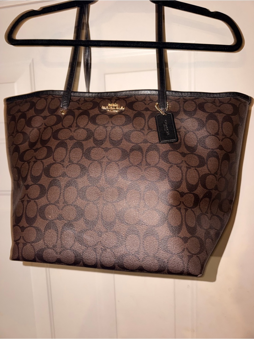 Coach Brown Signature Canvas Tote with Black Straps and Gold Hardware